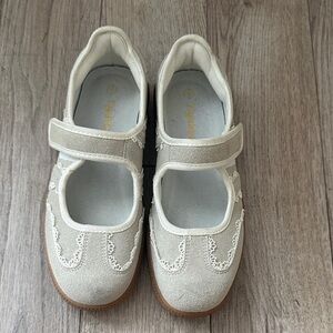 Cream Mary Jane Flats with Hook-and-Loop Strap